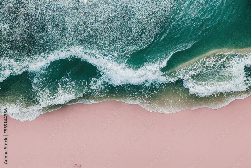 Spectacular top view from drone photo of beautiful pink beach. Generative AI.