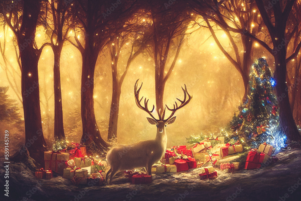 Beautiful deer and christmas festival in pine woods decorated with spectacular gift boxes and decora