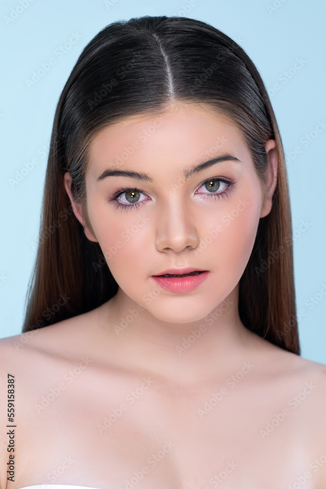 Natural beauty closeup portrait of young charming brunette girl looking at camera. Perfect smooth fa