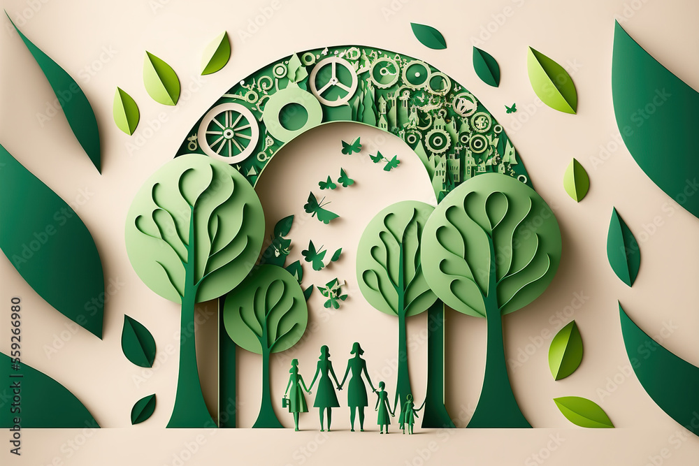自然与环境概念，树框架中有幸福的家庭。剪纸和数字工艺风格