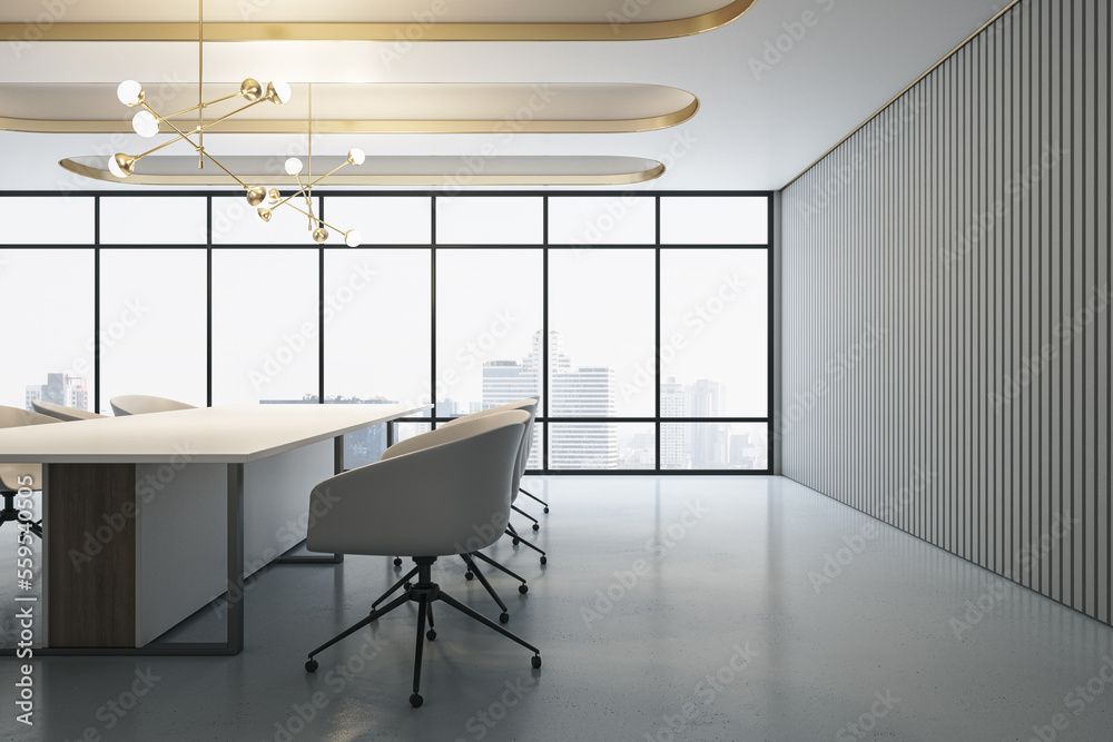 宽敞的会议室侧视图，配有现代化的轻型会议桌，周围配有时尚的椅子，gl