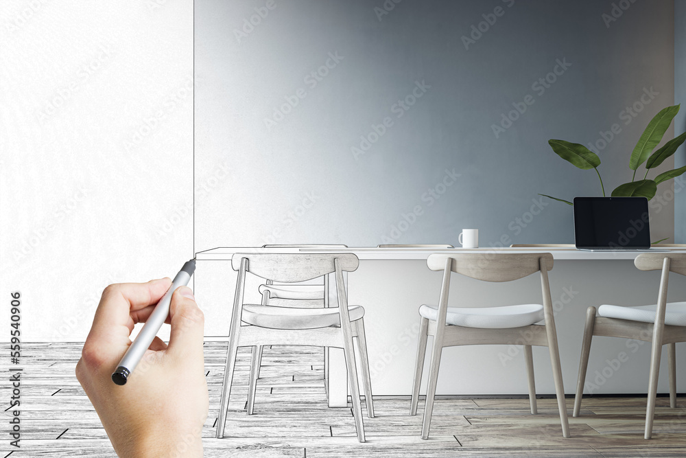 手写现代会议室室内设计项目开发，带浅色会议桌，cha
