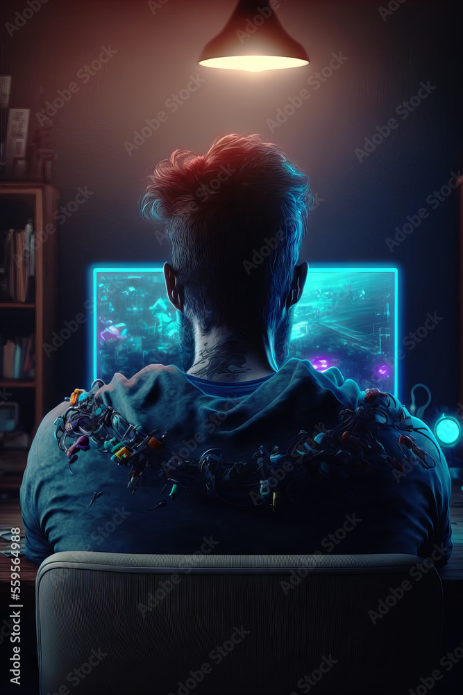 玩家在未来主义的室内玩电子游戏。一名男子坐在显示器前的后视图