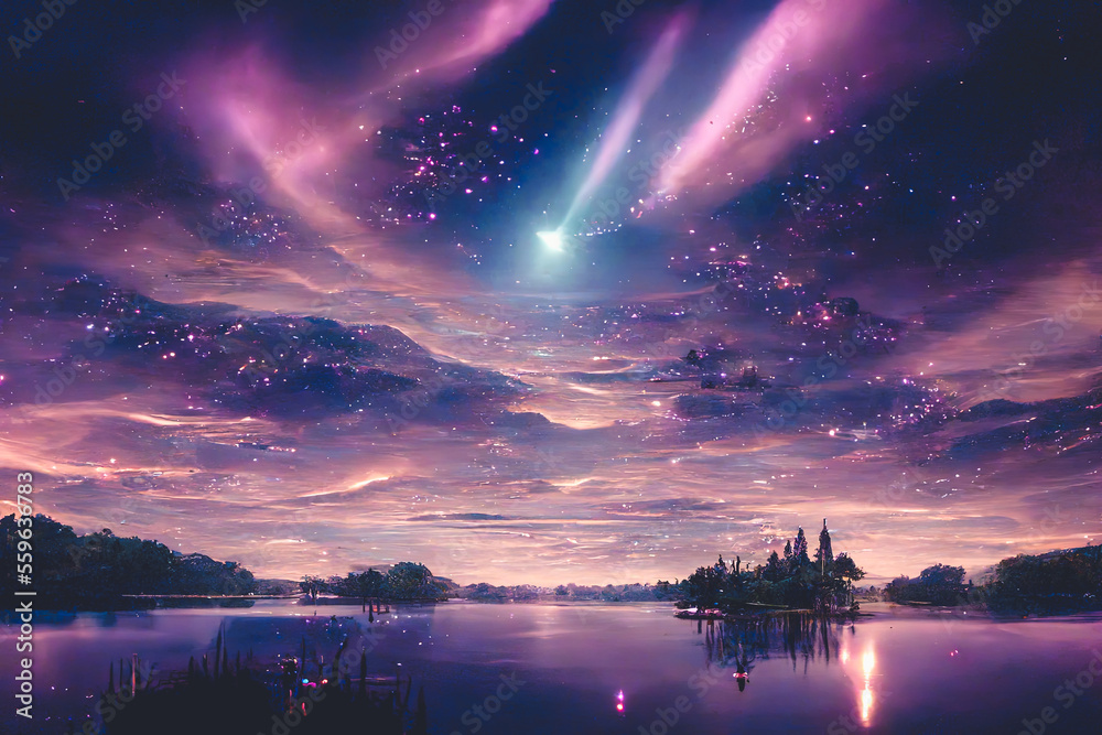 星夜湖，明亮的星星在天空地平线上闪耀，反射在光滑的湖面上，湖面上有灿烂的n