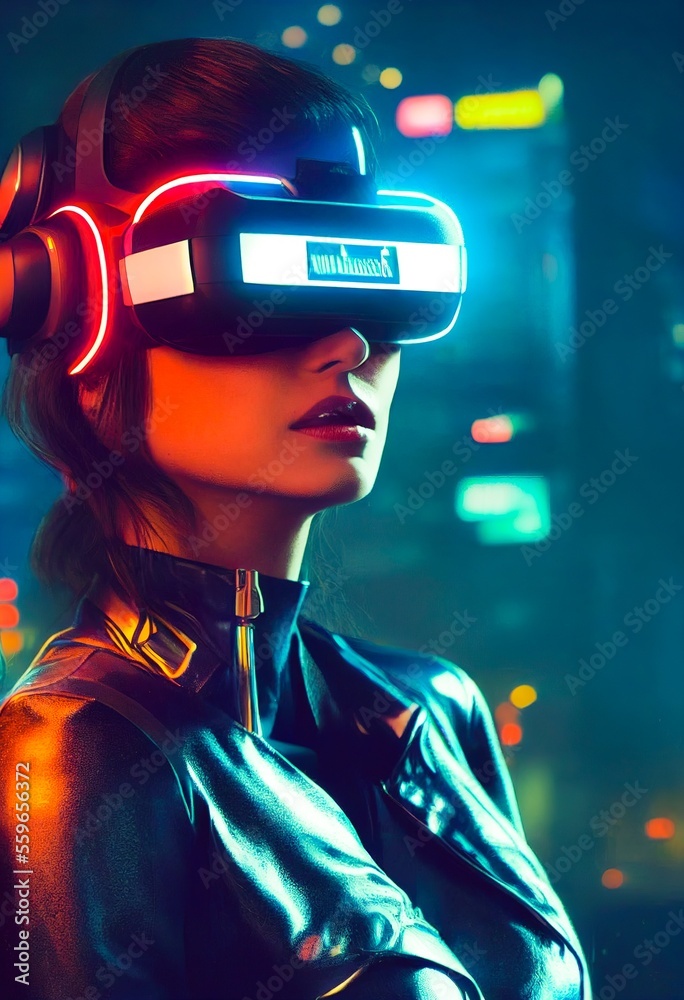 AI generated futuristic woman in cyberpunk world with VR headset portrait with glowing ultraviolet n
