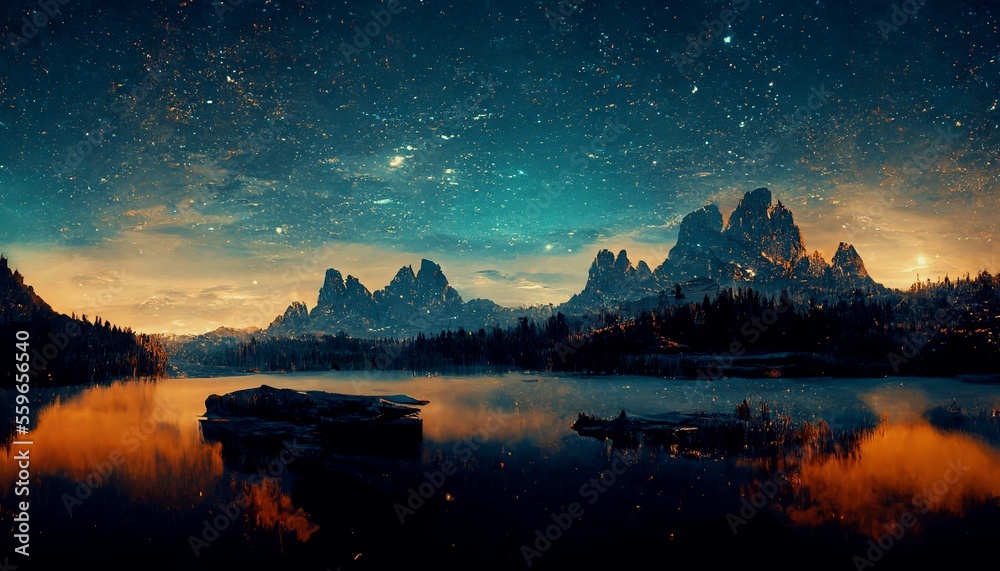 AI generated nature background of beautiful mountain and lake in starry night with shimmering light,