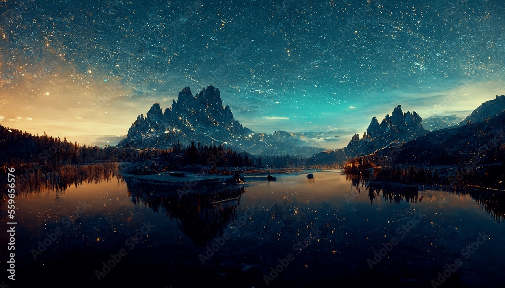 AI generated nature background of beautiful mountain and lake in starry night with shimmering light,