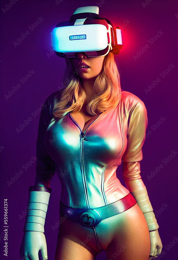 赛博朋克世界中人工智能生成的未来女性，VR耳机肖像，紫外线发光n