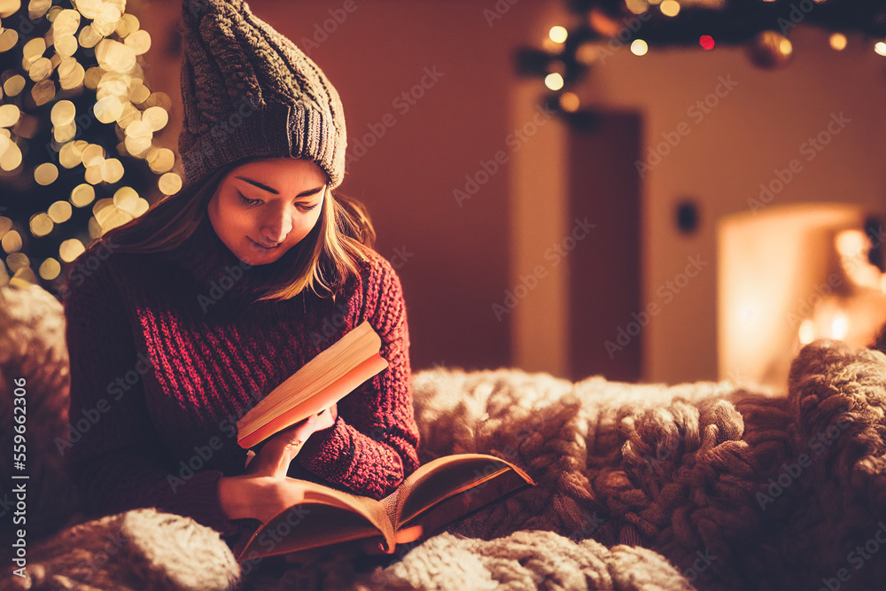 女人在家里舒适的沙发上看书，专注和放松。世代人工智能。