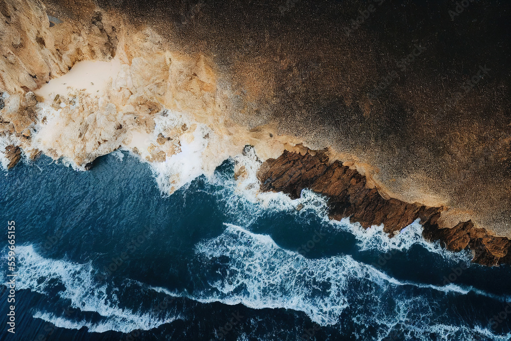 AI generated image drone photo, top view of seascape ocean wave crashing rocky cliff with sunset at 