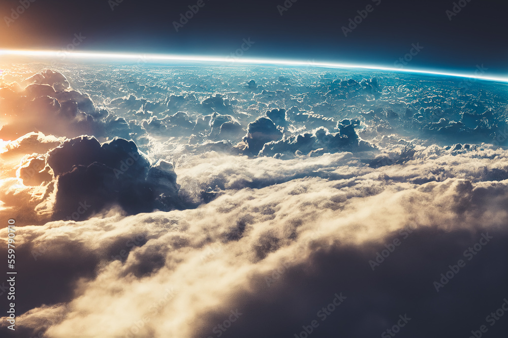 平流层中地球大气层上方的灿烂背景云景，有一个星系和b