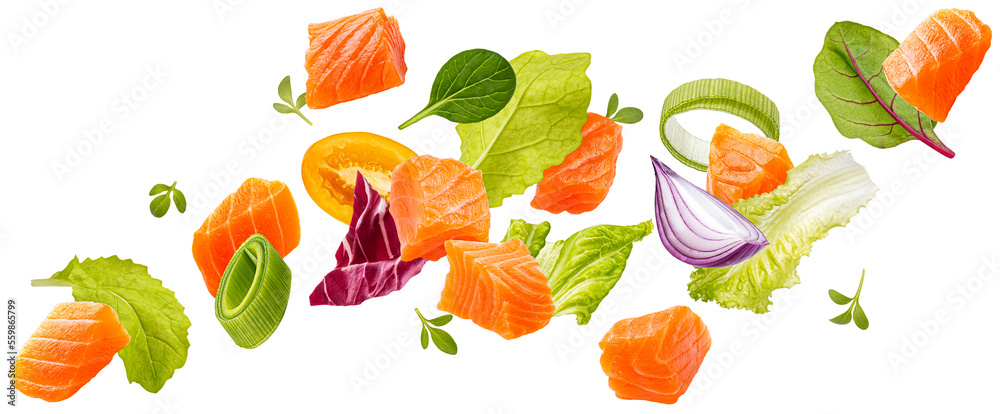 Falling salmon salad ingredients isolated on white background