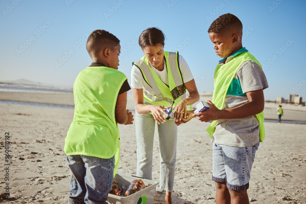 Plastic, beach volunteering and woman with children recycling, cleaning and learning, education or c