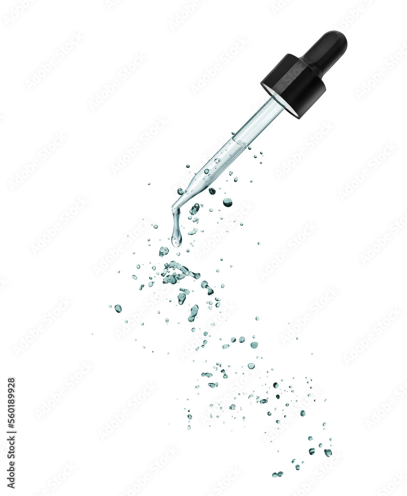 Cosmetic or medical pipette with drops closeup, isolated on a white background