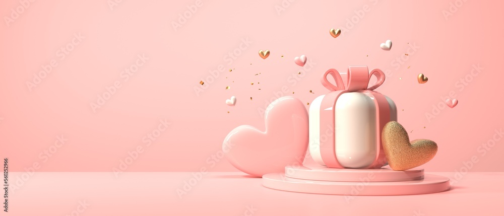 Hearts and a gift box - Appreciation and love theme - 3D render