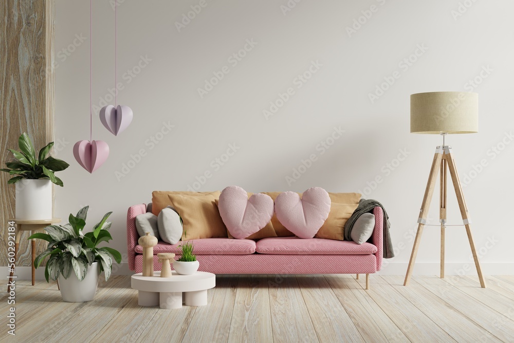 Valentine interior room have pink sofa and home decor for valentines day.