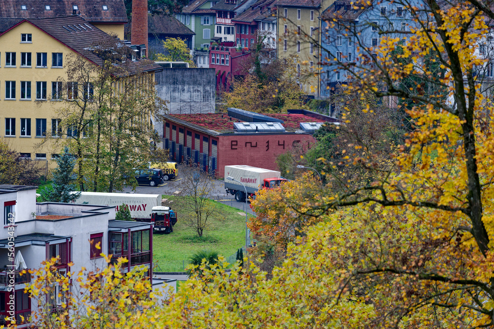 Beautiful autumn landscape with industrial area with bridge in the background at City of Baden, Cant