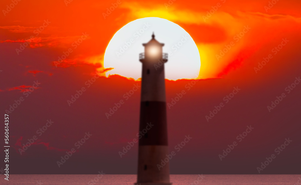 Abstract background with silhouette of lighthouse at amazing sunset