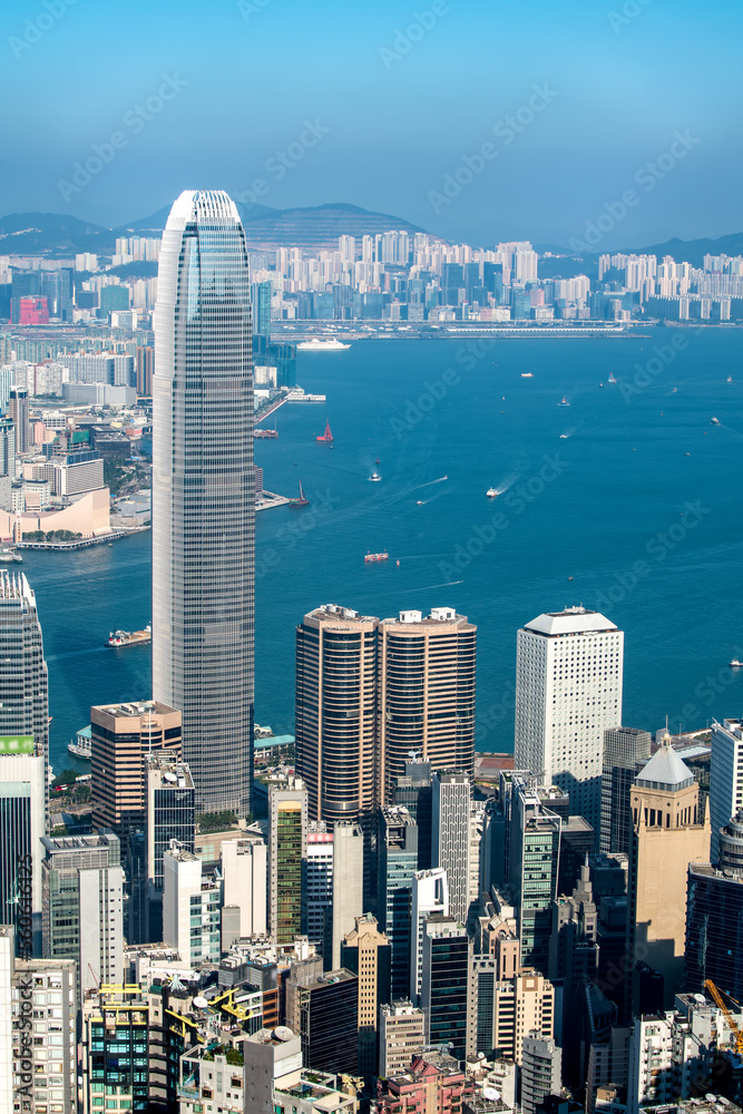 空中香港城市海岸线建筑天际线