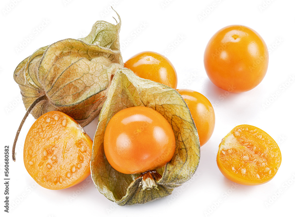 Ripe physalis or golden berry fruits in calyx isolated on white background.