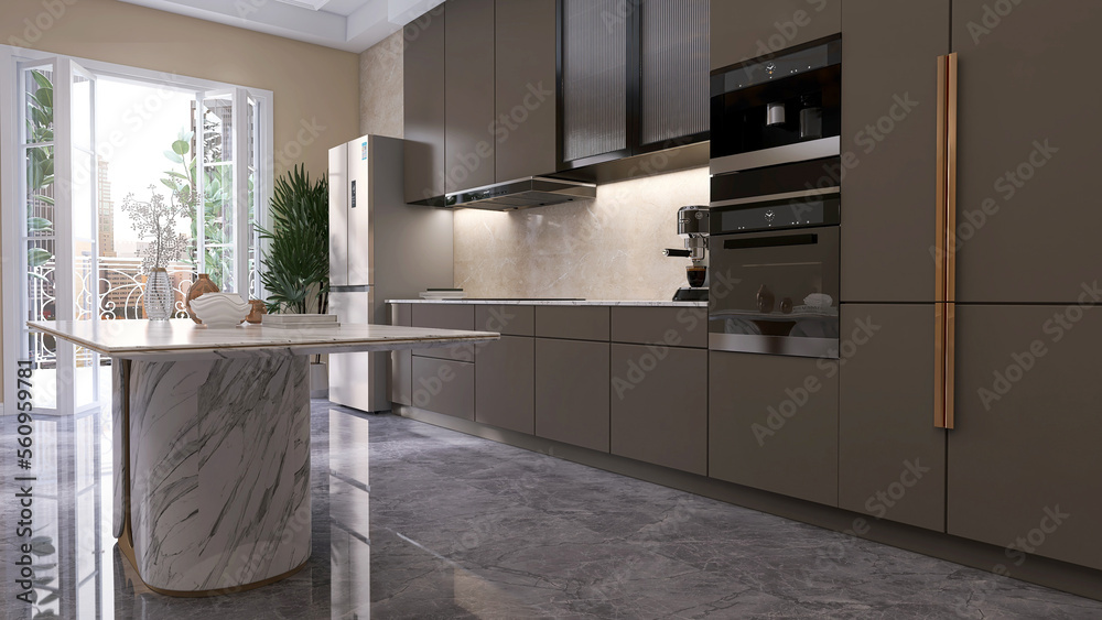 Luxury and modern brown counter kitchen, white marble dining table, chair, espresso machine, tree on