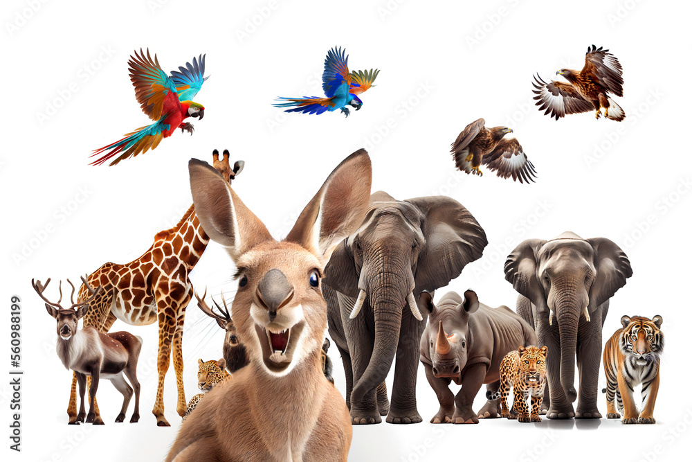 野生动物、大象、老虎、鹿、兔子、鹦鹉、老鹰、河马、长颈鹿、犀牛的收藏