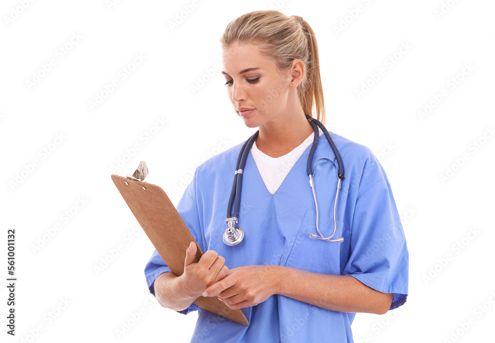 Healthcare, doctor and woman with clipboard in studio with paper form for planning on white backgrou