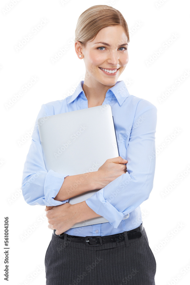 Corporate, worker and business woman with laptop in portrait, technology and internet network on whi