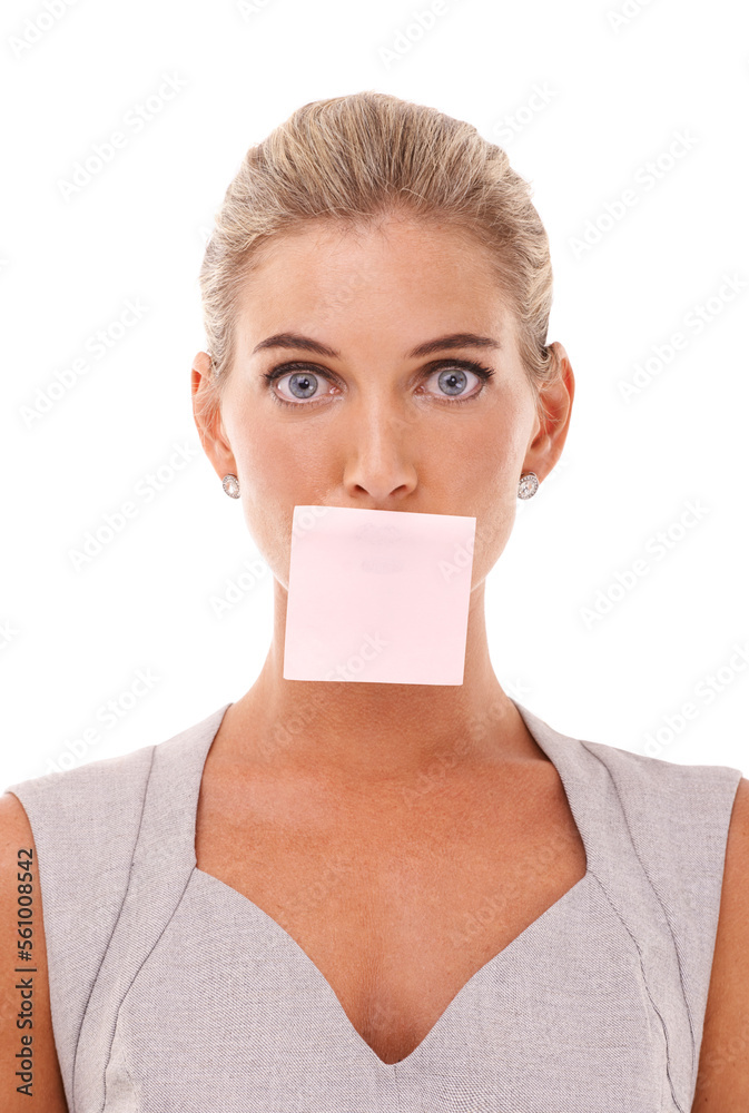 Sticky note, studio and face portrait of woman with marketing space, advertising or product placemen