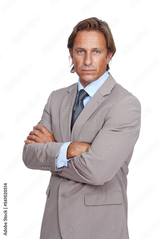 Mature businessman, portrait or arms crossed on isolated white background with finance goals or inve