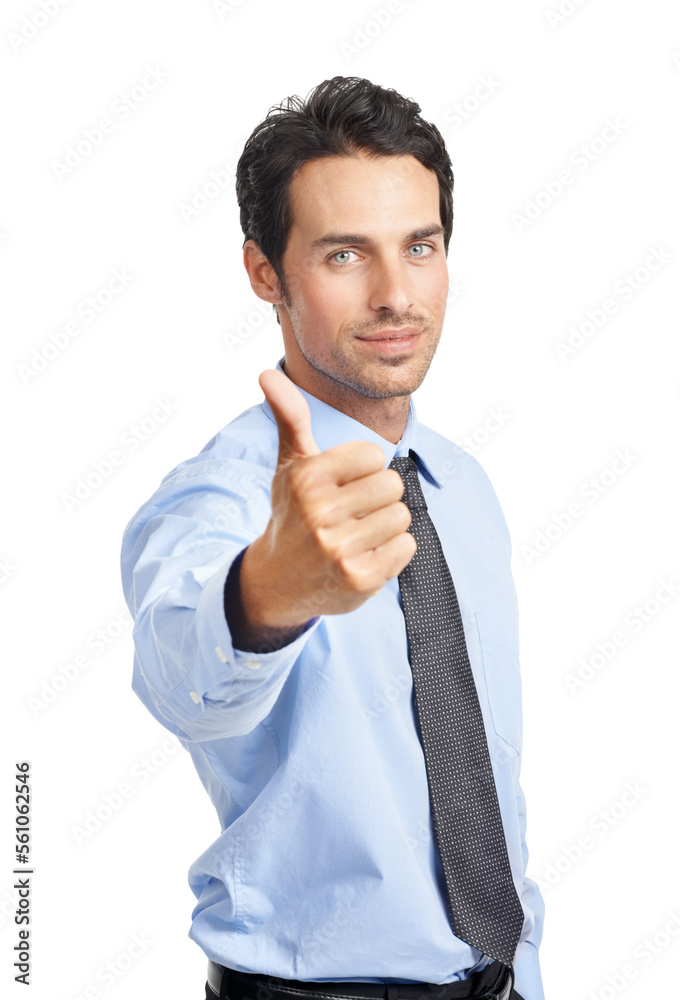商人、肖像或在工作室背景上竖起大拇指表示好运、公司成功或财务