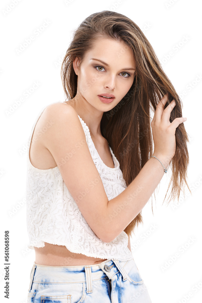 Hair, beauty and portrait of woman running hand in hair style, natural salon hair care and white bac