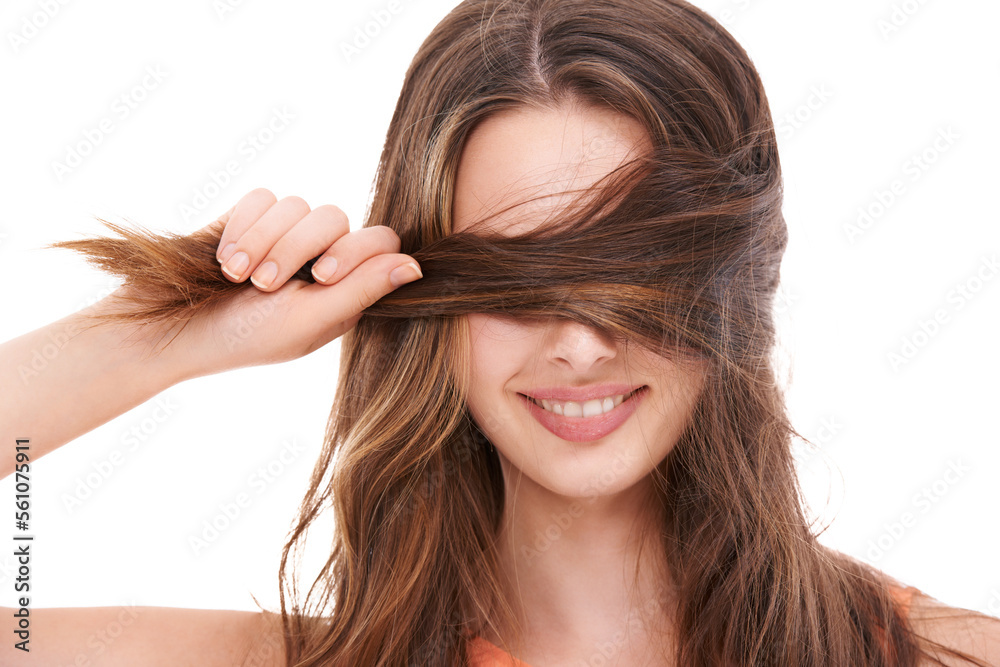 Woman, hair care and covering face on studio for healthy skincare, smooth textures and cosmetics. Ha