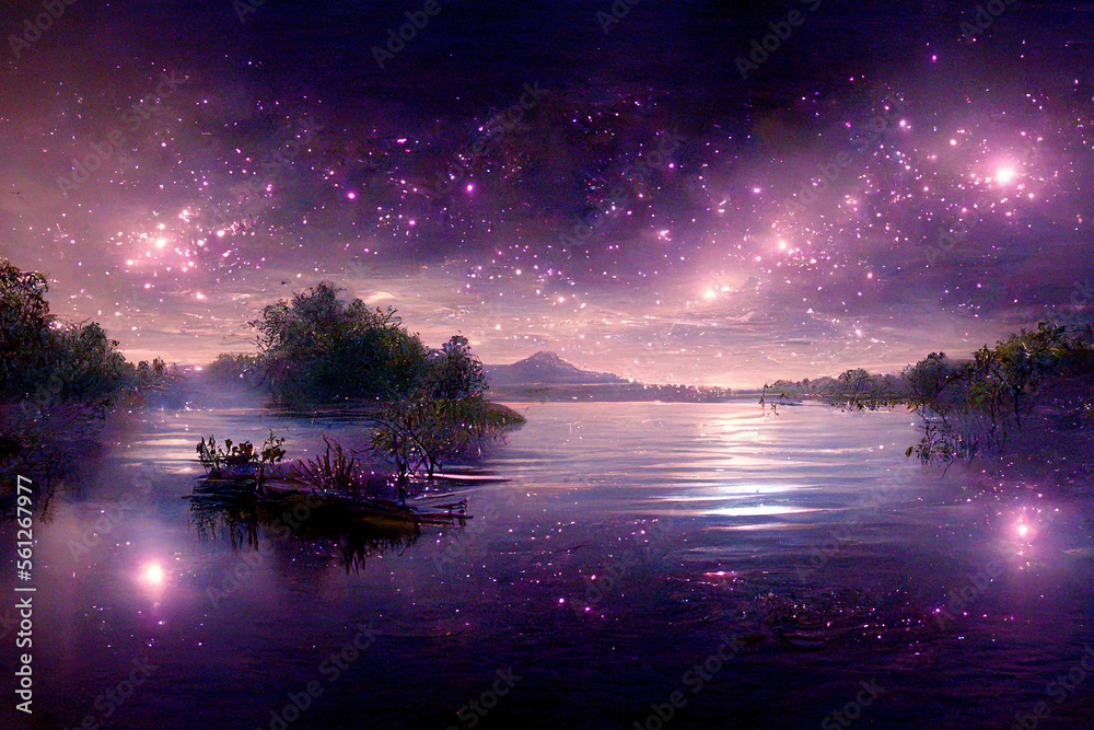 Starry night lake with bright star shine in the sky horizon reflecting on silky lake with splendid n