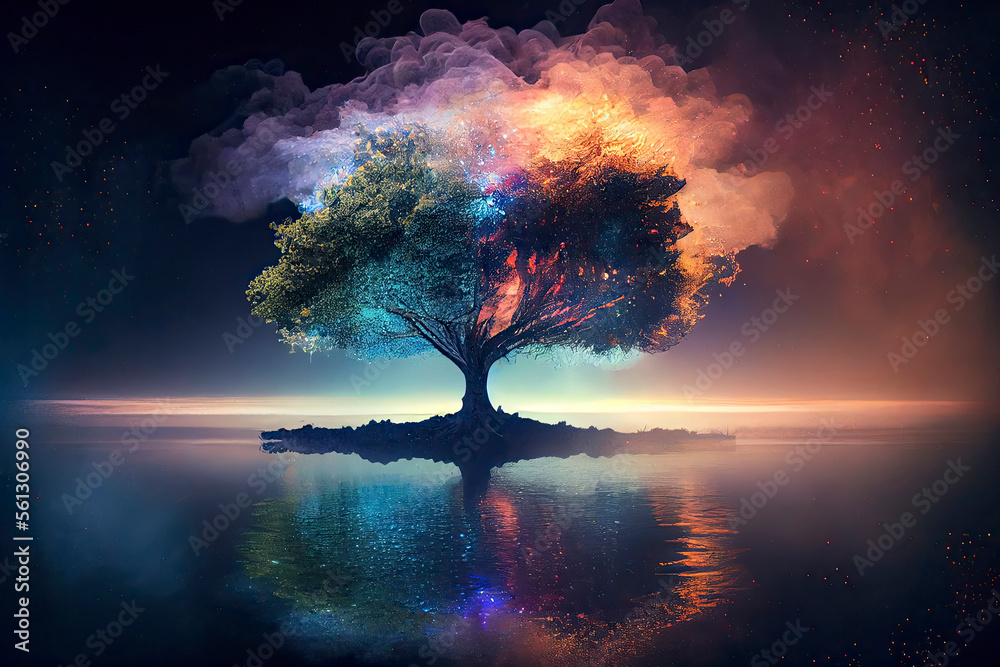 ethereal tree of life in center of a lake, with soft fairy fog background, light smoke