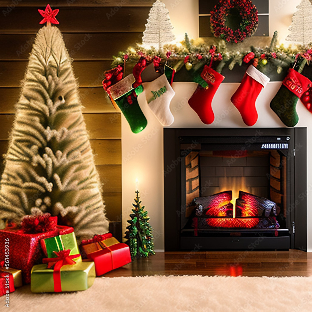 圣诞概念。家中壁炉附近的装饰圣诞树。