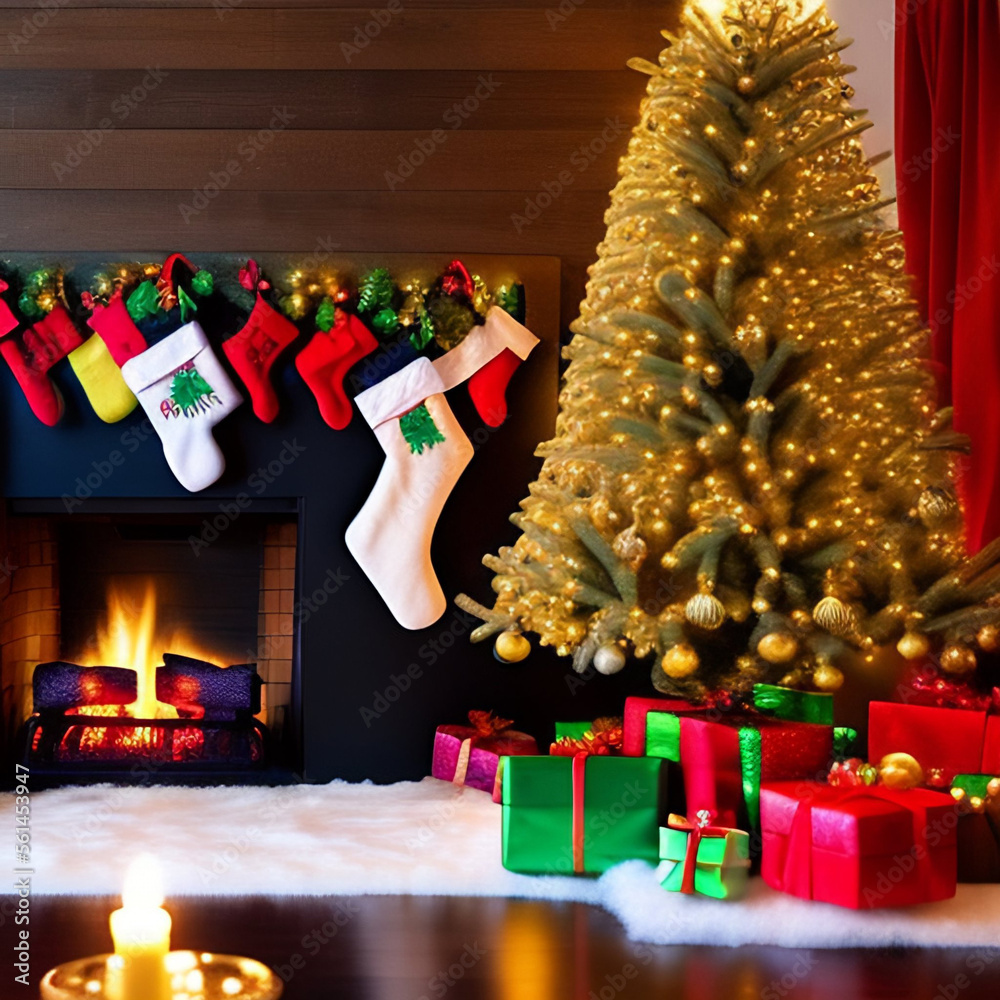 Christmas concept. Decorated Christmas Tree Near Fireplace at Home.