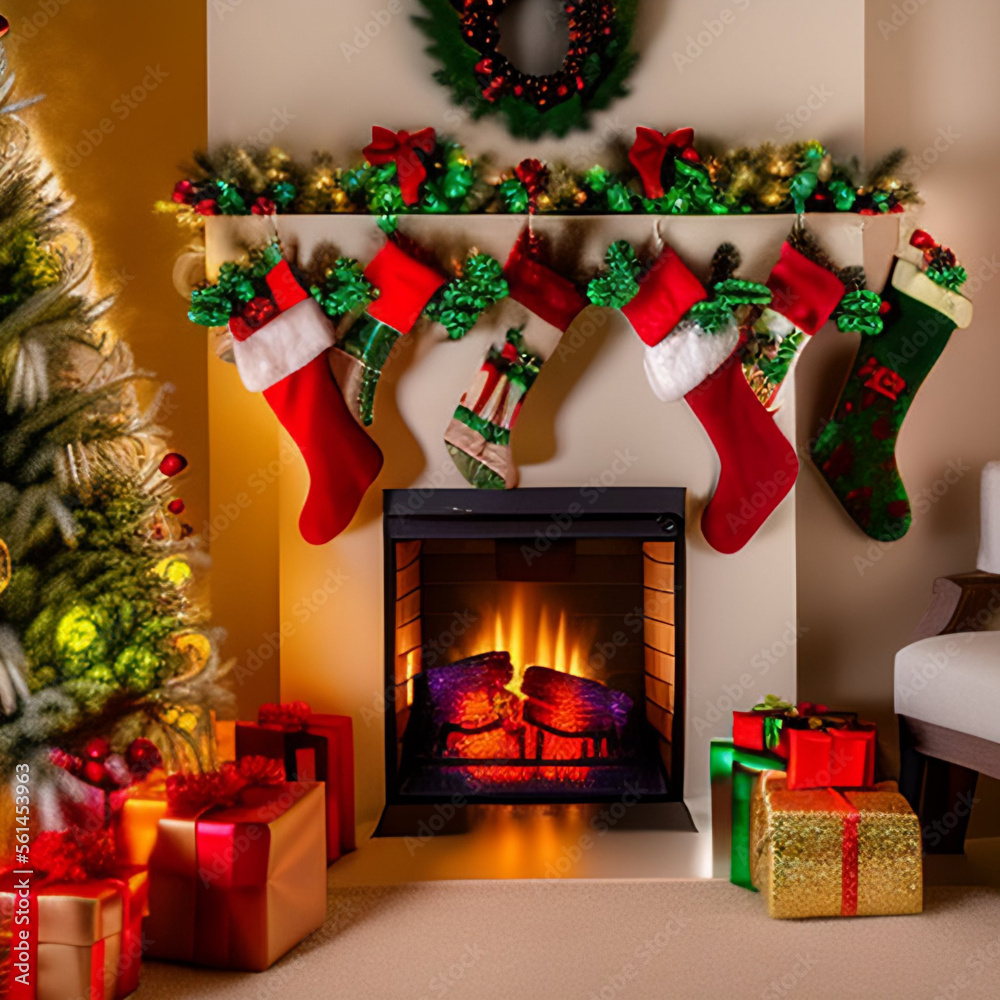 圣诞概念。家中壁炉附近的装饰圣诞树。