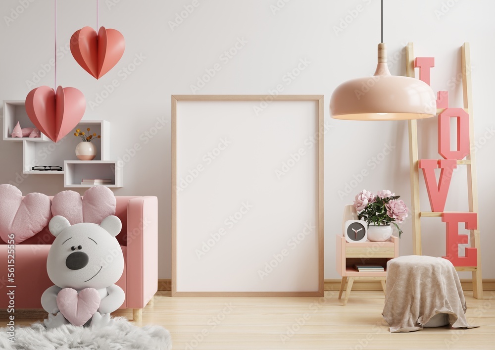 Mockup frame in the valentines day with white sofa on white color wall.