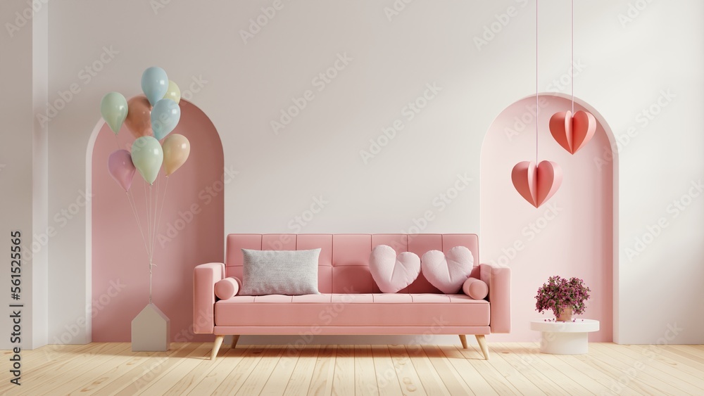 Pink sofa and home decor for valentines day.