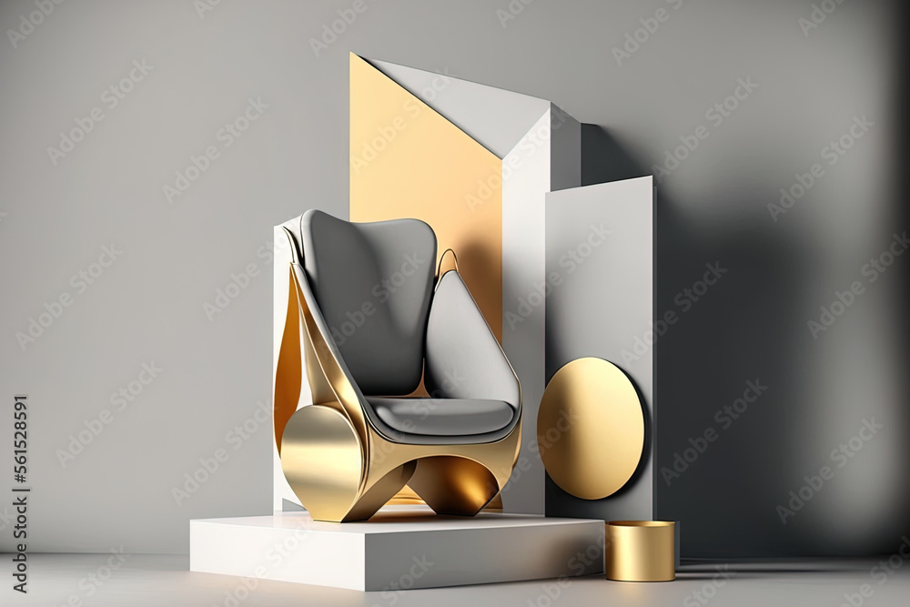 抽象工作室时尚最小几何形状潮流模型，灰色和金色，带灰色躺椅