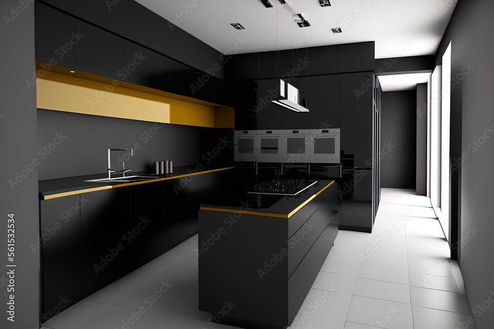 黑色极简主义现代厨房设计。生成AI