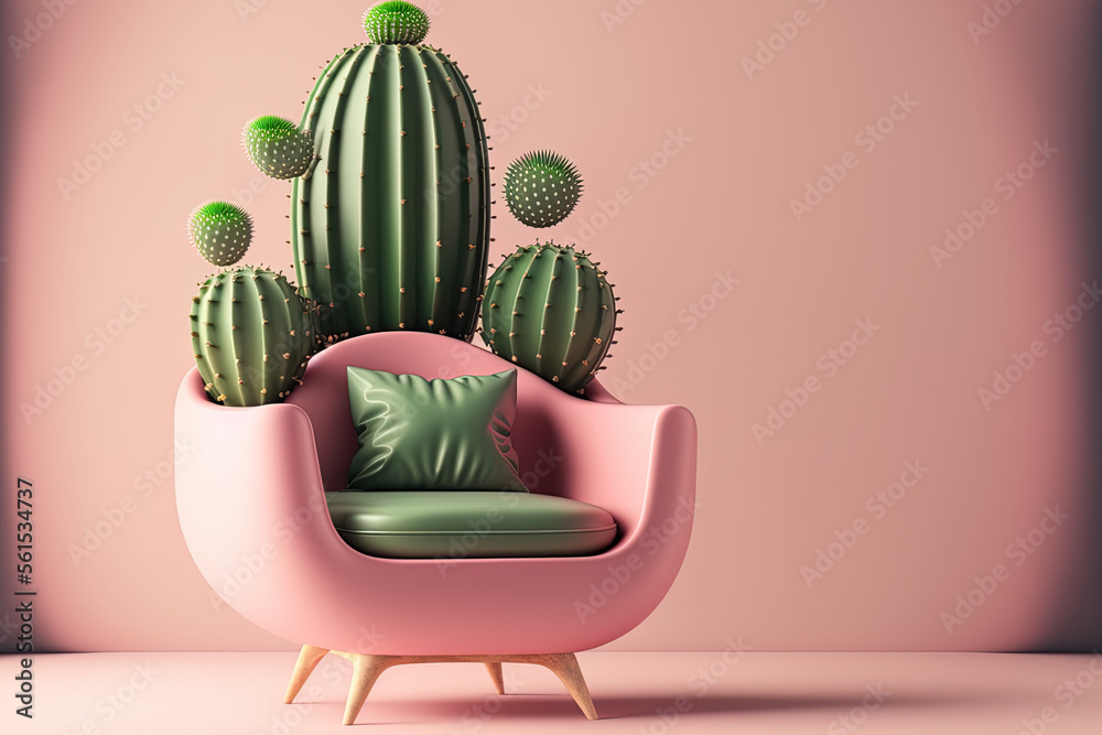 创新的室内设计，包括一把粉红色的扶手椅，上面有仙人掌壶和绿色装饰。co