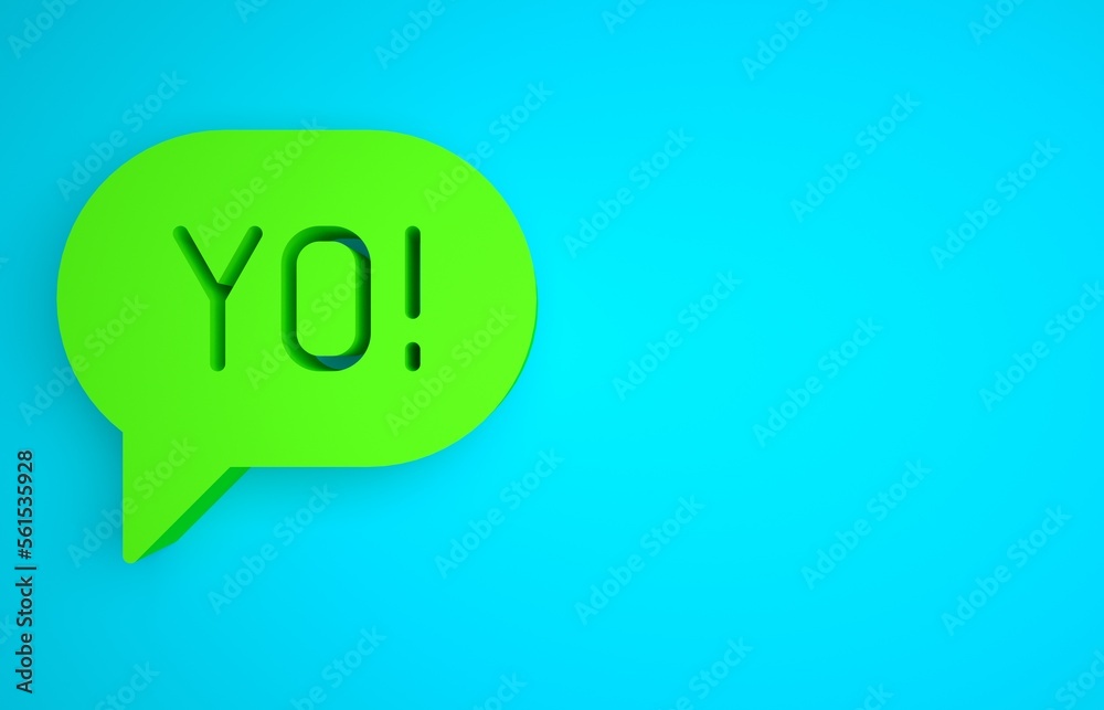 绿色Yo俚语字母图标隔离在蓝色背景上。问候语。极简主义概念。3D re