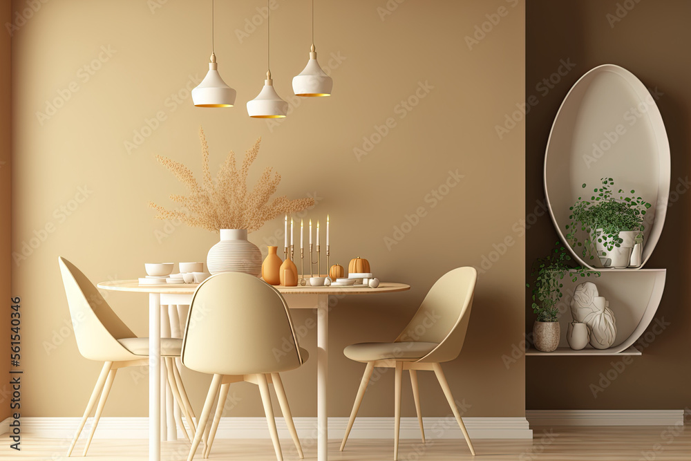 Modern dining room interior design with beige empty wall and minimal decor. Generative AI