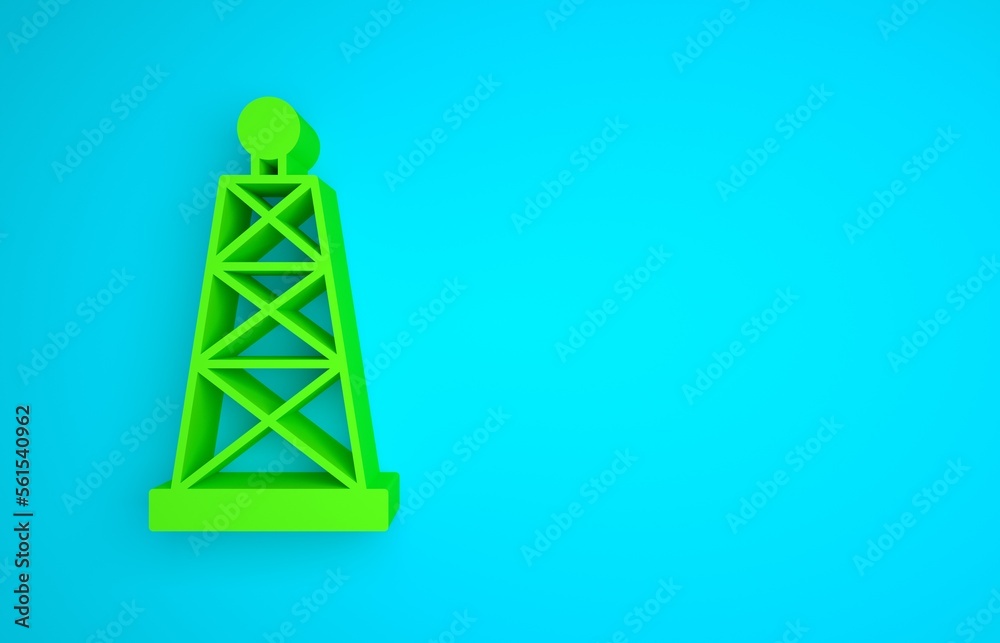 Green Oil rig icon isolated on blue background. Gas tower. Industrial object. Minimalism concept. 3D