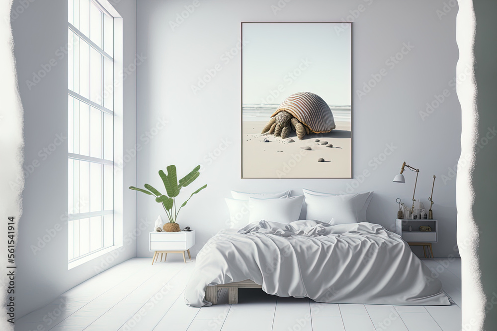 室内海报模型，海滩场景、寄居蟹和极简主义卧室的白墙。