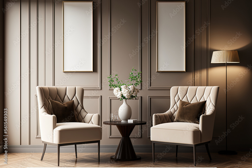 豪华客厅，配有米棕色扶手椅和黑色桌子。强调灰褐色色调的空墙
