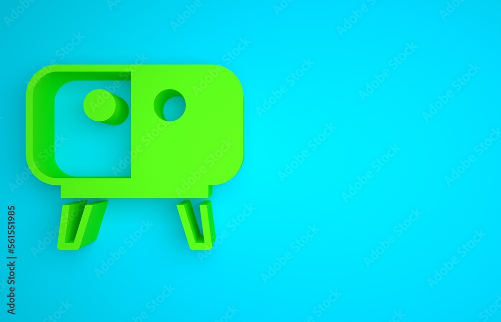 蓝色背景上隔离的绿色电视台座图标。极简主义概念。3D渲染插图
