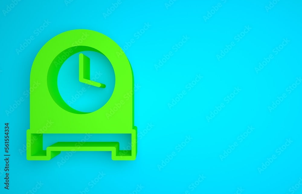 蓝色背景上隔离的绿色古董时钟图标。极简主义概念。3D渲染插图